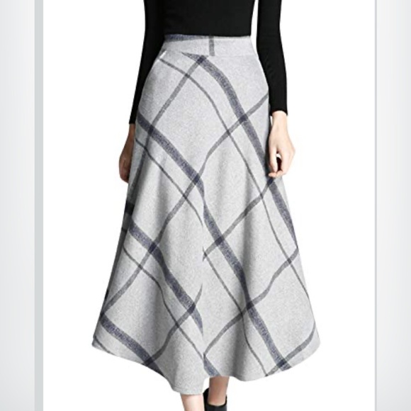 TANMING ELASTIC WAIST BELTED WOOL BLEND PLAID MIDI SKIRT XXL GRAY PREOWNED - Picture 1 of 13